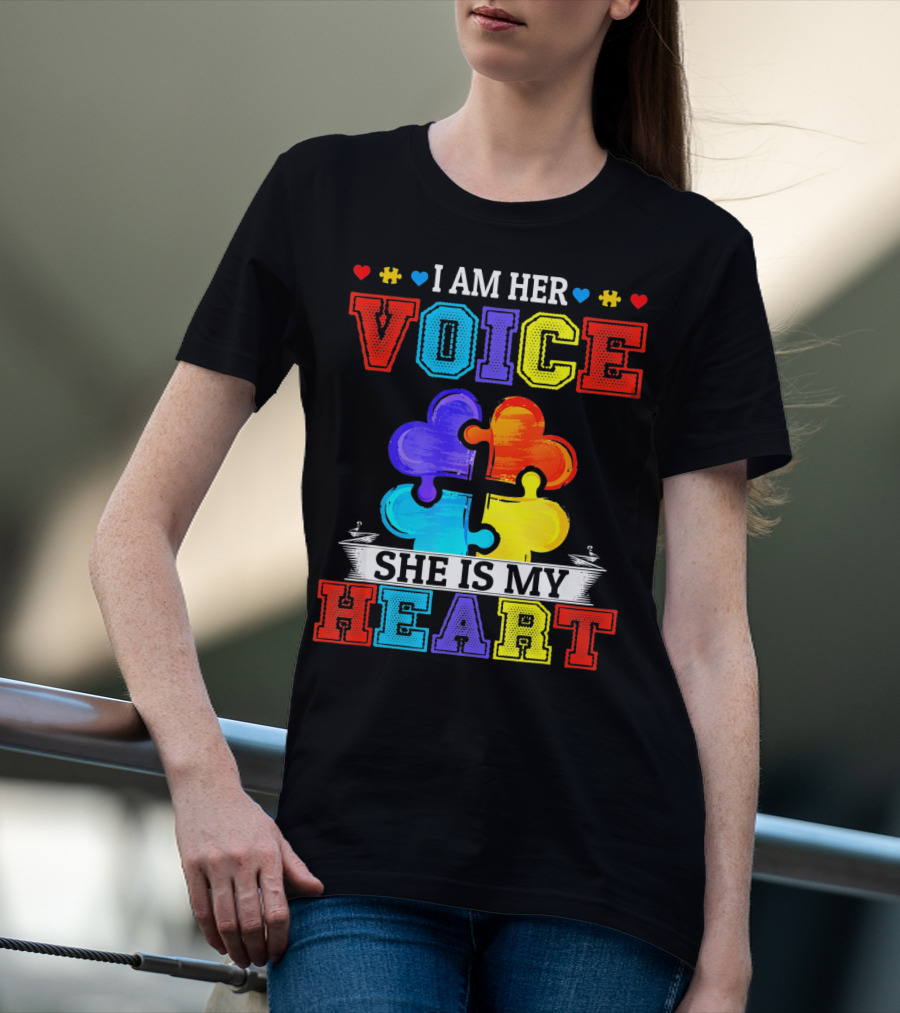 I Am Her Voice She Is My Heart Autism Puzzle Pieces T-Shirt