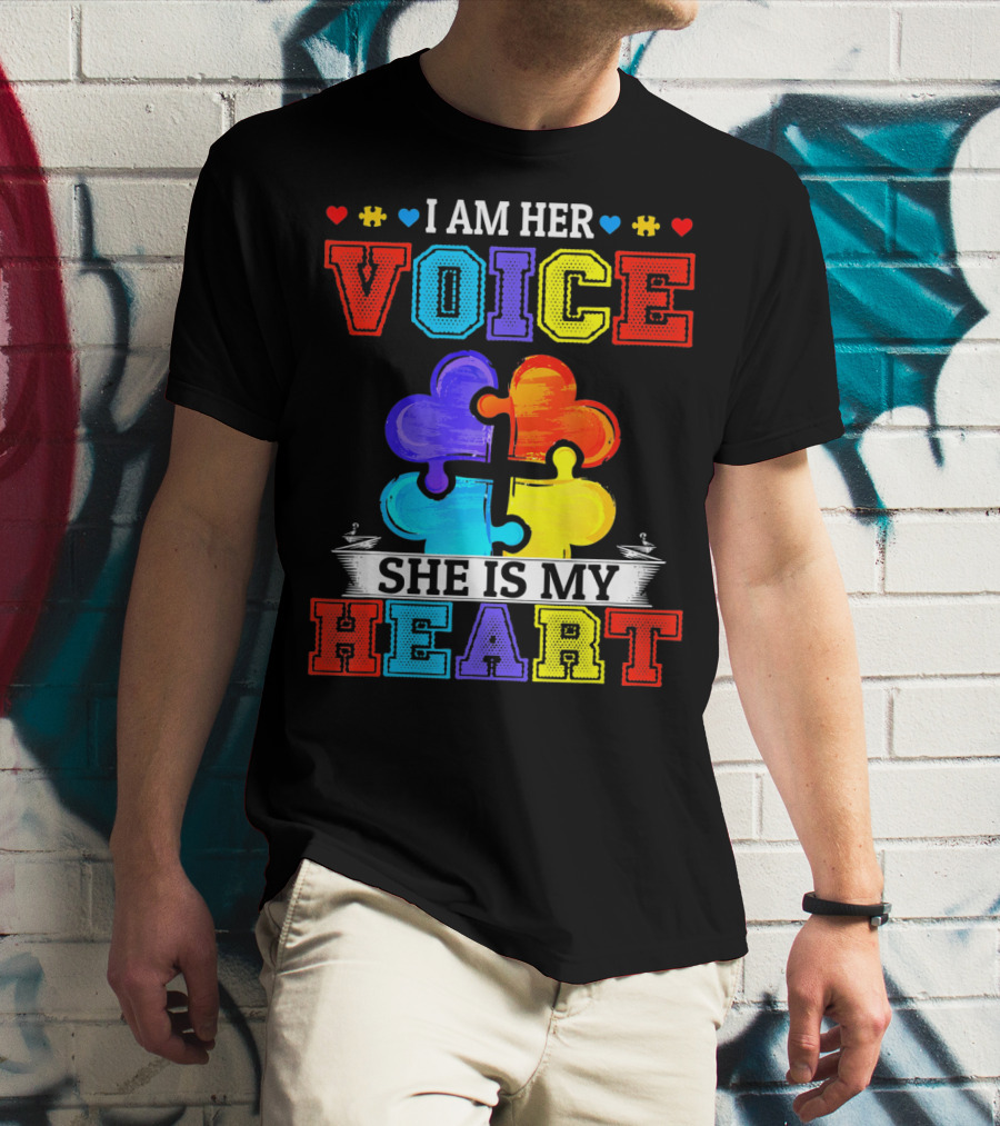 I Am Her Voice She Is My Heart Autism Puzzle Pieces T-Shirt