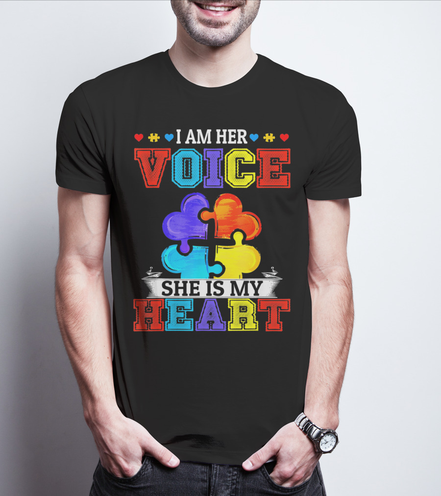 I Am Her Voice She Is My Heart Autism Puzzle Pieces T-Shirt