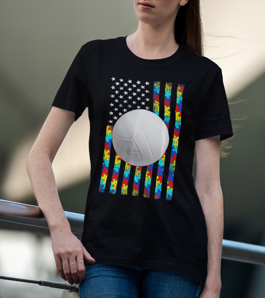 Autism Awareness Puzzle Flag Volleyball American Flag T-Shirt