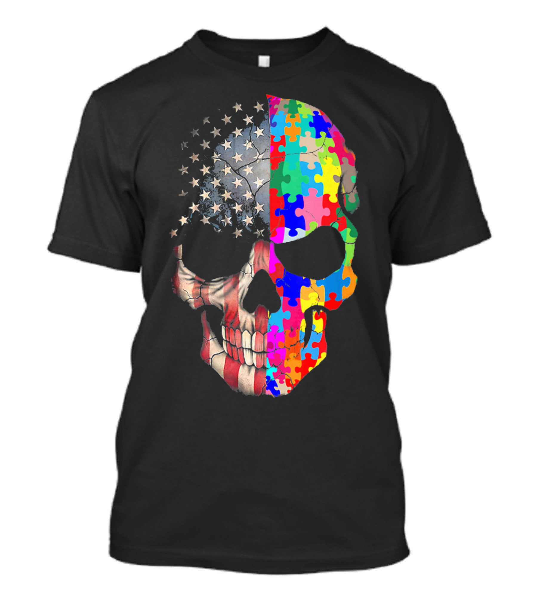 American Flag Autism Awareness Skull Puzzle Pieces Sku T-Shirt