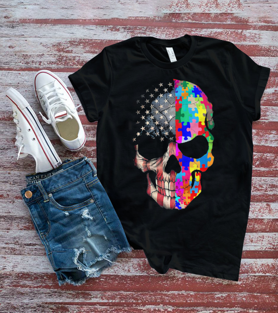 American Flag Autism Awareness Skull Puzzle Pieces Sku T-Shirt