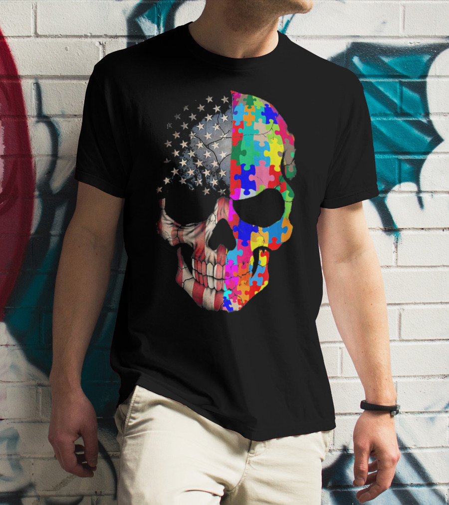 American Flag Autism Awareness Skull Puzzle Pieces Sku T-Shirt