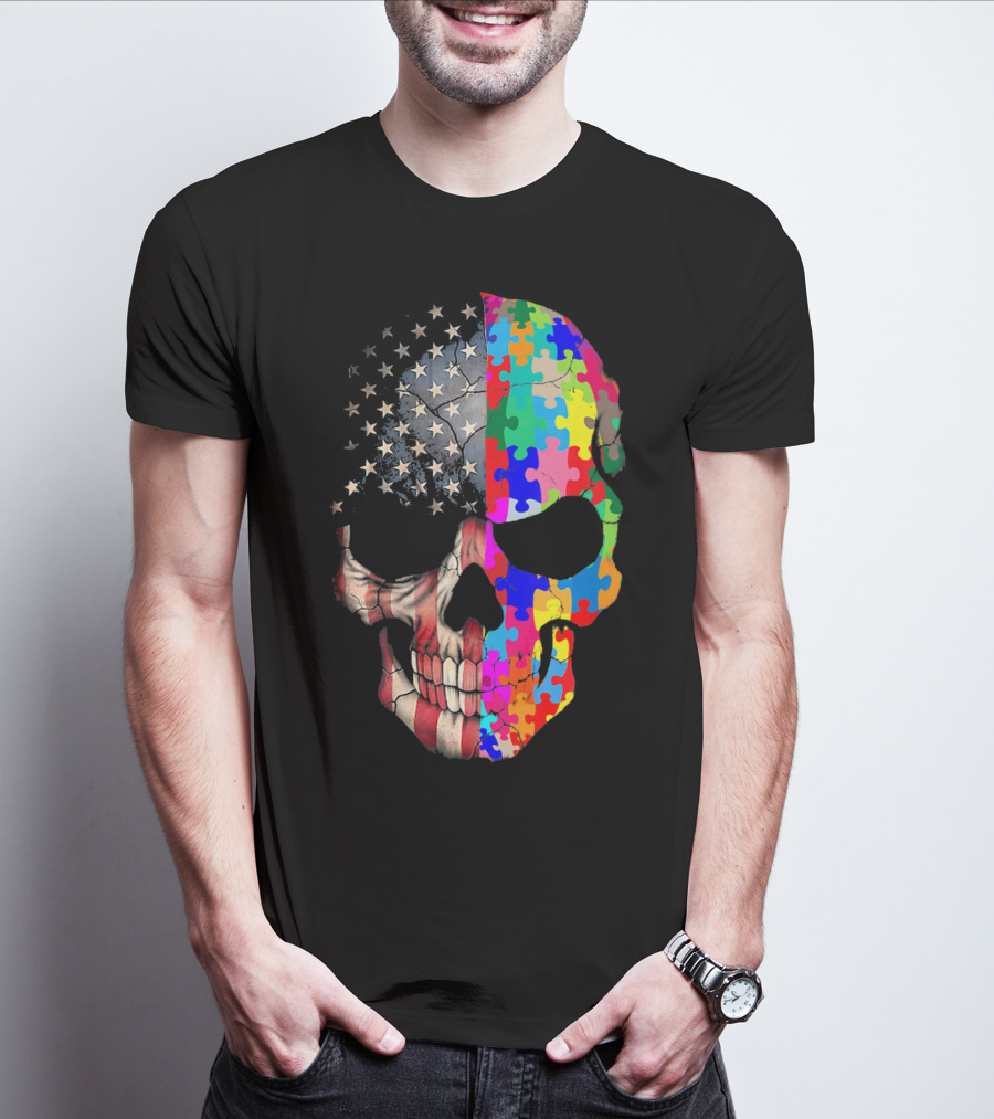 American Flag Autism Awareness Skull Puzzle Pieces Sku T-Shirt