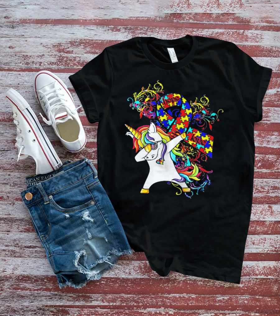 Unicorn Dabbing Hope Love Autism Awareness Puzzle T-Shirt