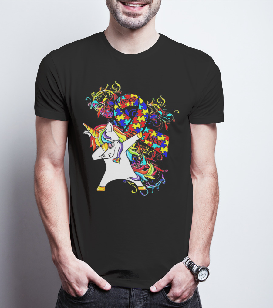 Unicorn Dabbing Hope Love Autism Awareness Puzzle T-Shirt