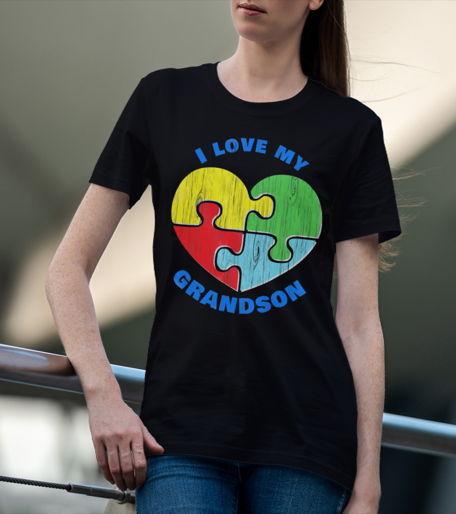 I Love My Grandson Puzzle Heart Autism Support T-Shirt