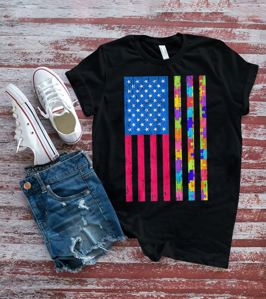 Autism Puzzle Piece American Flag USA T-Shirt