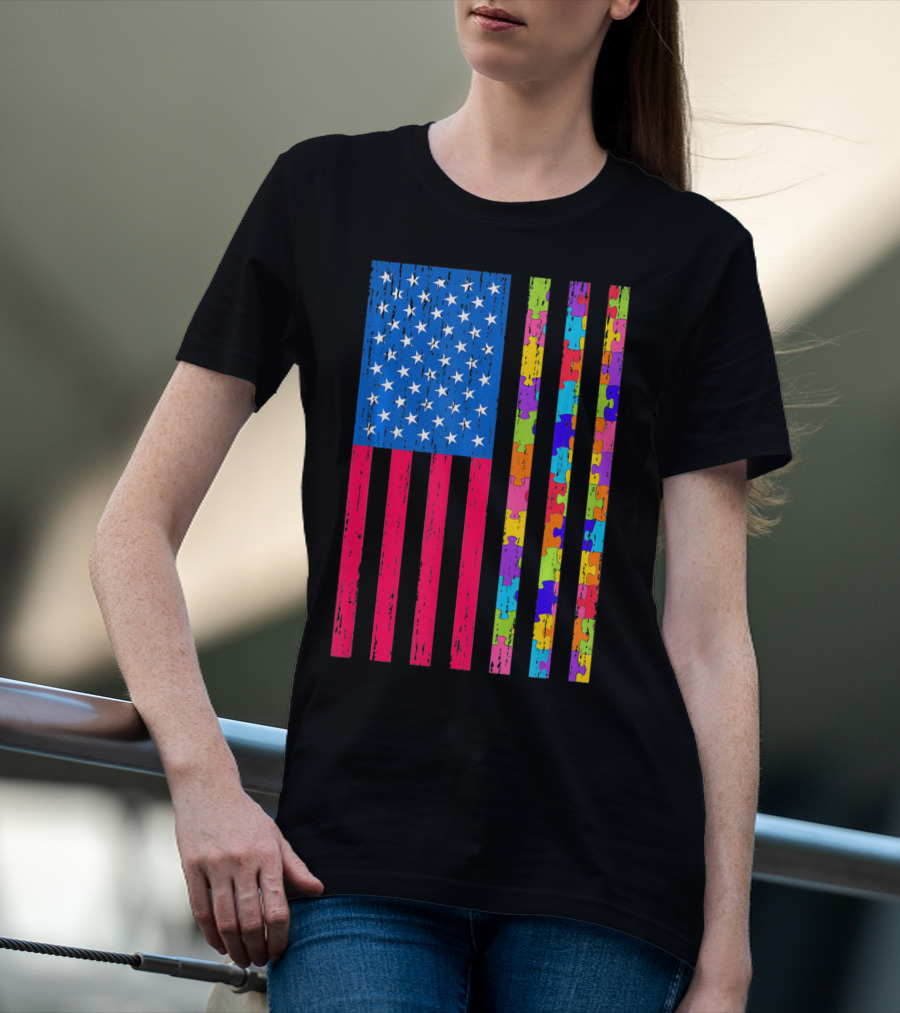 Autism Puzzle Piece American Flag USA T-Shirt