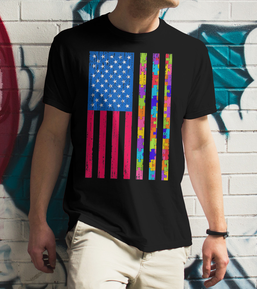 Autism Puzzle Piece American Flag USA T-Shirt