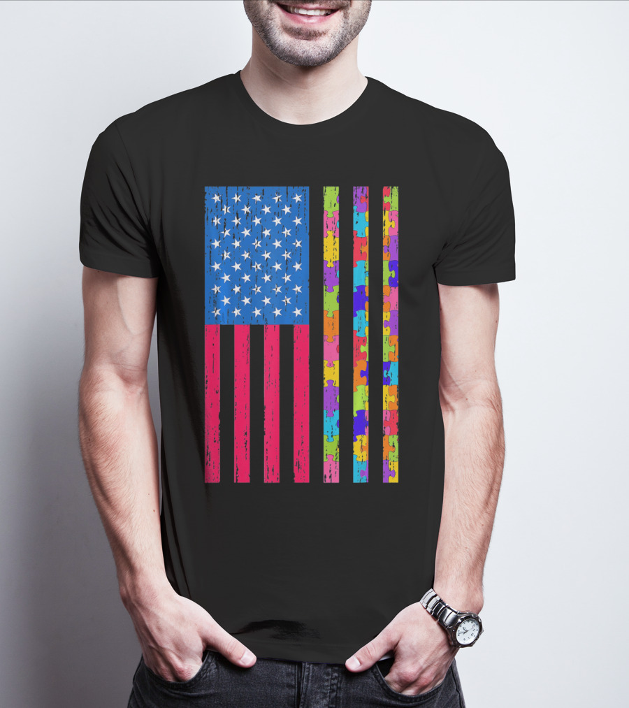 Autism Puzzle Piece American Flag USA T-Shirt