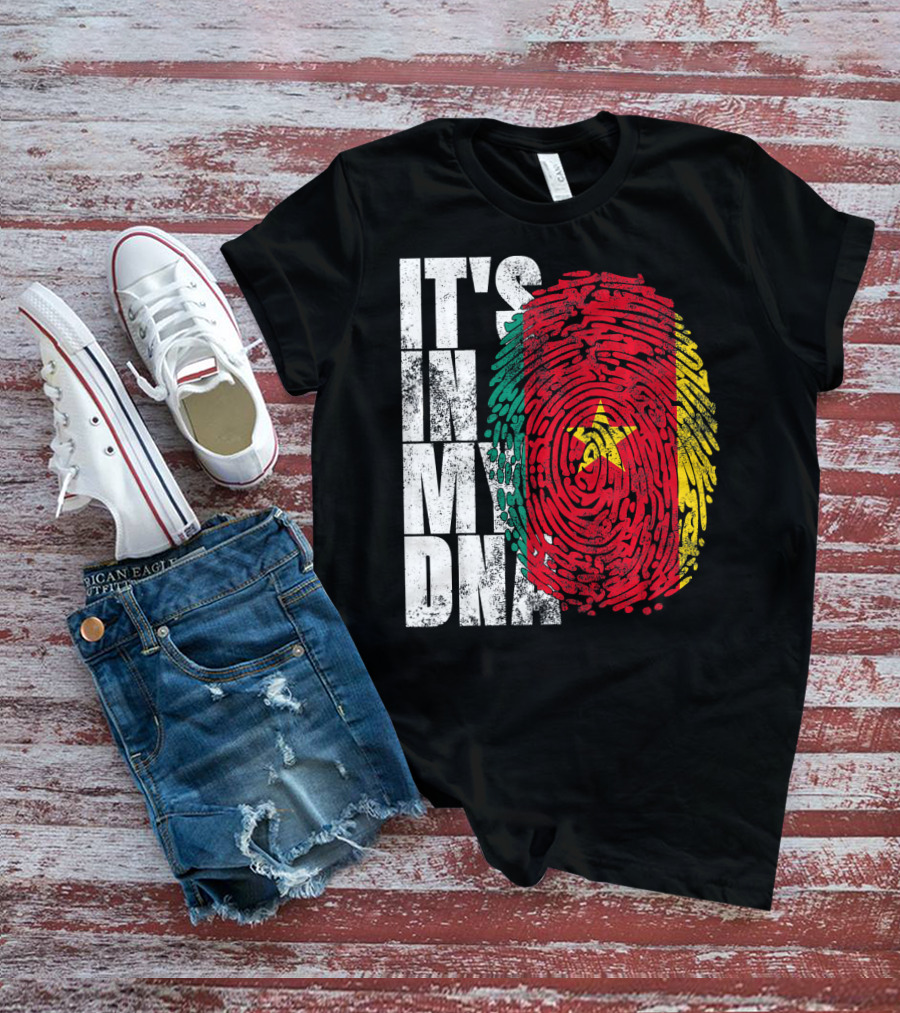 IT'S IN MY DNA Cameroonian Afro American Flag Fingerprint T-Shirt
