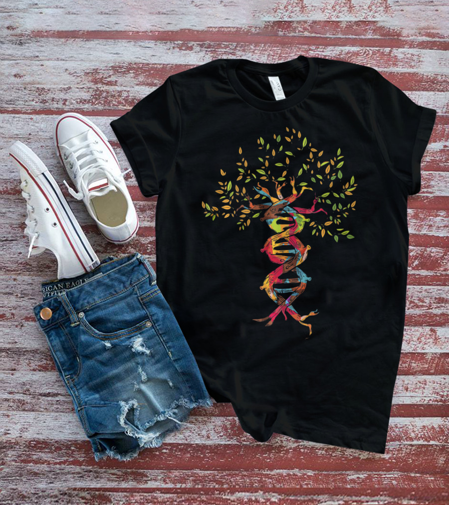 Tree Of Life DNA Genetics Spiral With Vibrant Colors And Leaves T-Shirt