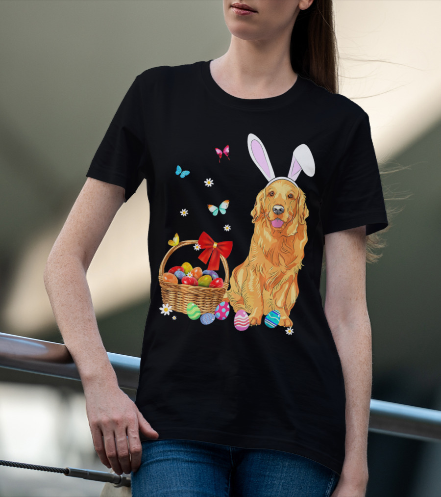 Golden Retriever Bunny Ears Easter Eggs Basket Butterflies T-Shirt