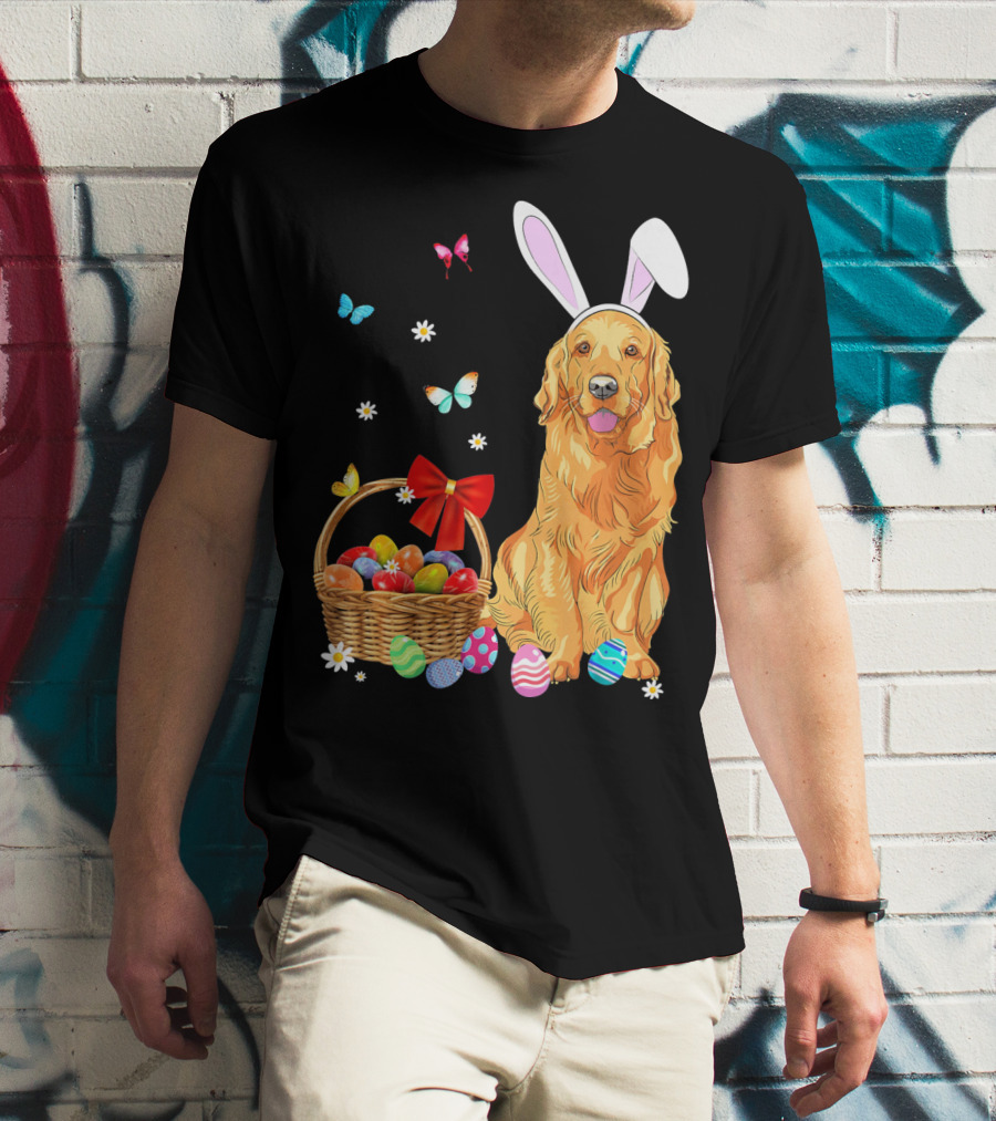 Golden Retriever Bunny Ears Easter Eggs Basket Butterflies T-Shirt