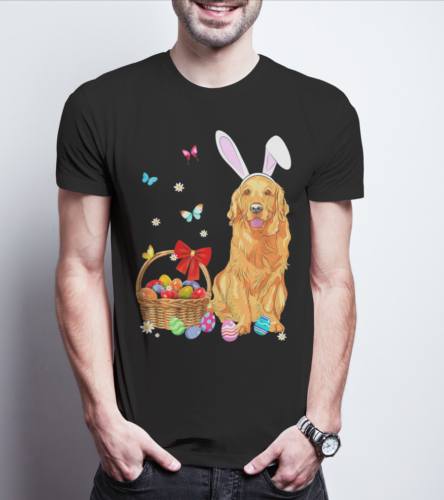 Golden Retriever Bunny Ears Easter Eggs Basket Butterflies T-Shirt