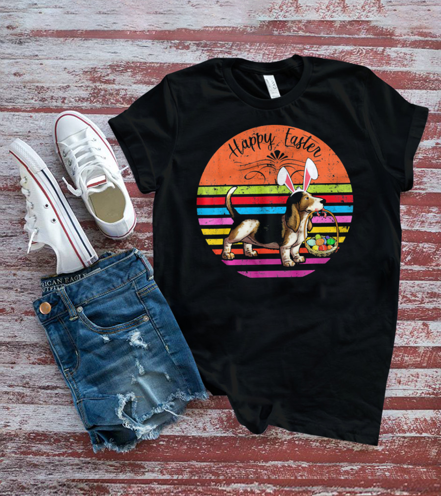 Vintage Basset Hound Dog Happy Easter Eggs T-Shirt