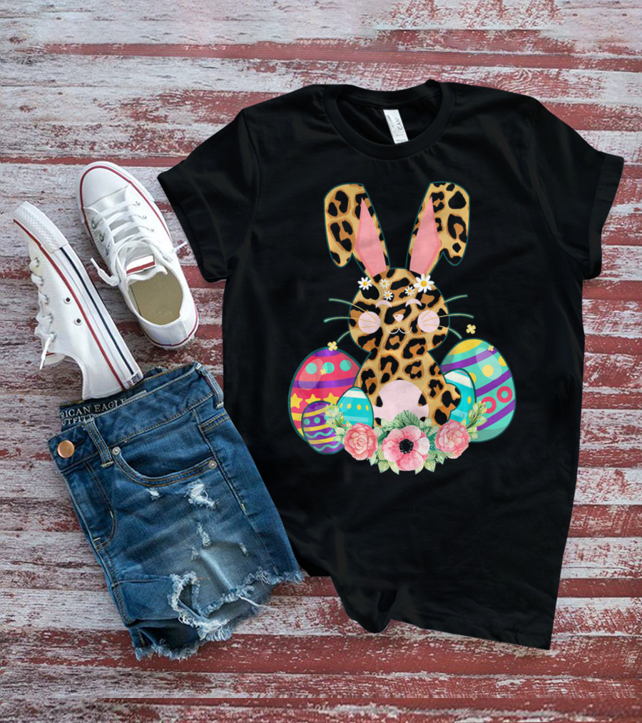 Bunny Leopard Print Floral Cute Easter Eggs T-Shirt