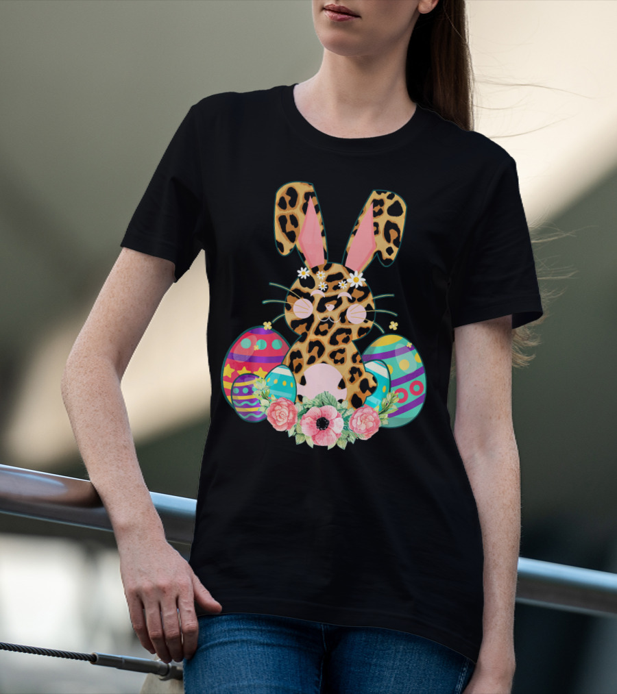 Bunny Leopard Print Floral Cute Easter Eggs T-Shirt