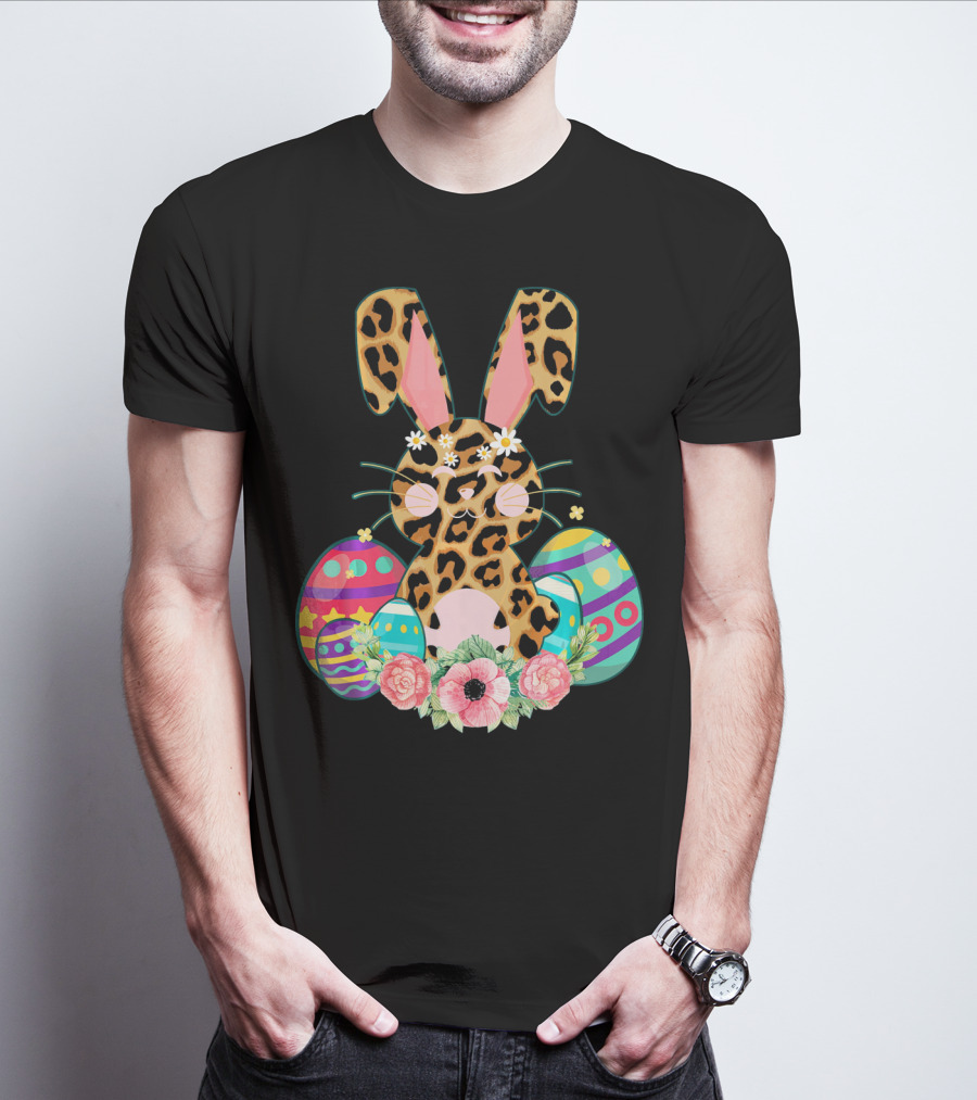 Bunny Leopard Print Floral Cute Easter Eggs T-Shirt