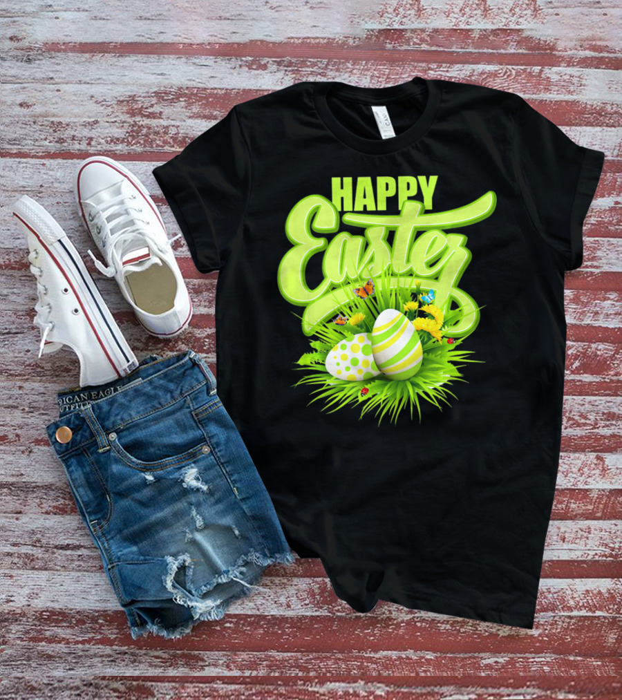 Happy Easter Eggs Green Spring Flowers Butterflies T-Shirt