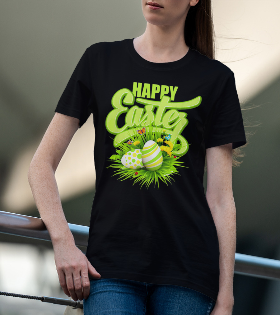 Happy Easter Eggs Green Spring Flowers Butterflies T-Shirt
