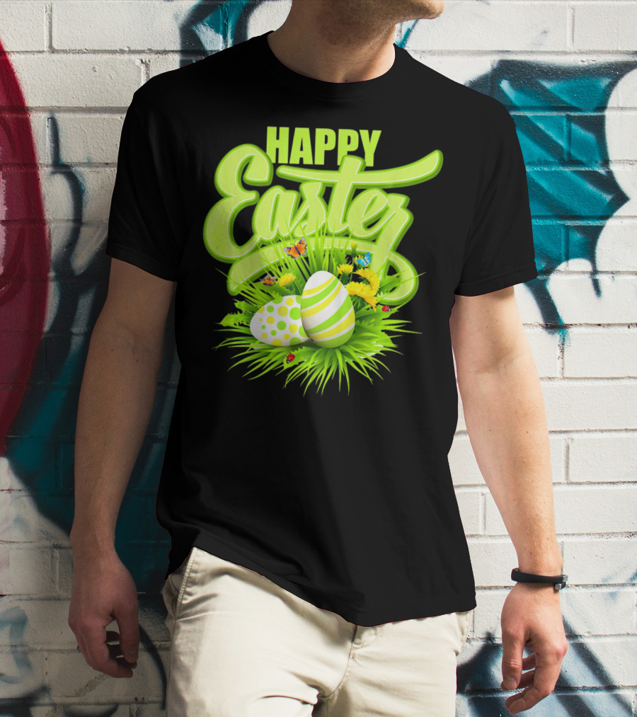 Happy Easter Eggs Green Spring Flowers Butterflies T-Shirt