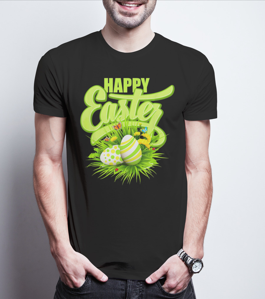 Happy Easter Eggs Green Spring Flowers Butterflies T-Shirt