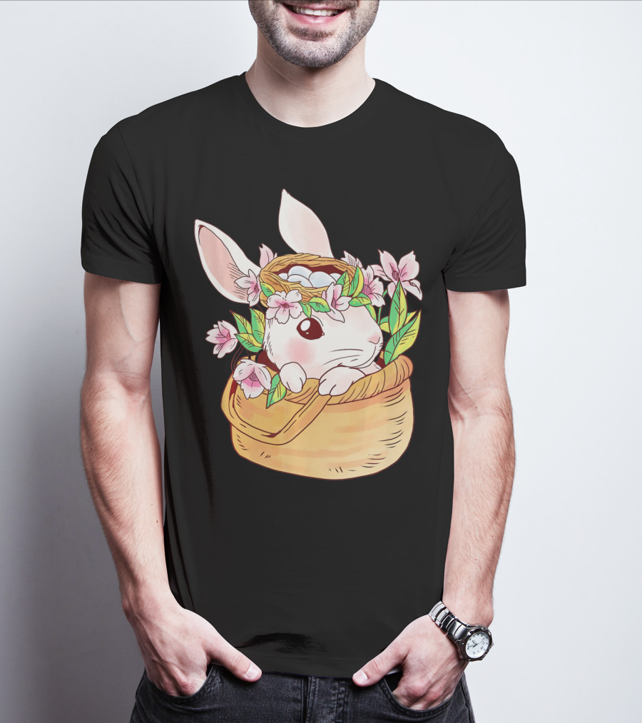 Cute Easter Bunny Girl Floral Basket T-Shirt
