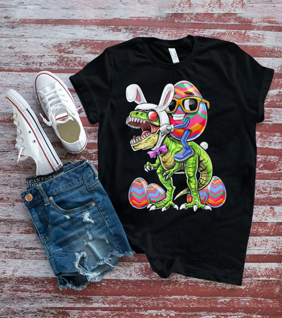 Easter Bunny Dinosaur With Egg Rabbit Ears And Sunglasses T-Shirt