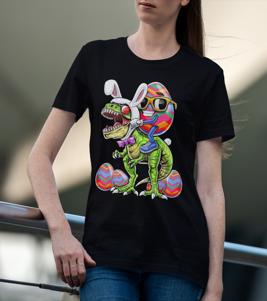 Easter Bunny Dinosaur With Egg Rabbit Ears And Sunglasses T-Shirt