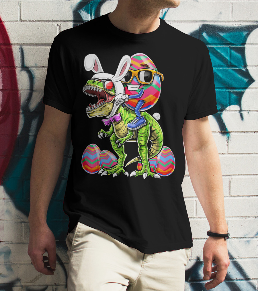 Easter Bunny Dinosaur With Egg Rabbit Ears And Sunglasses T-Shirt