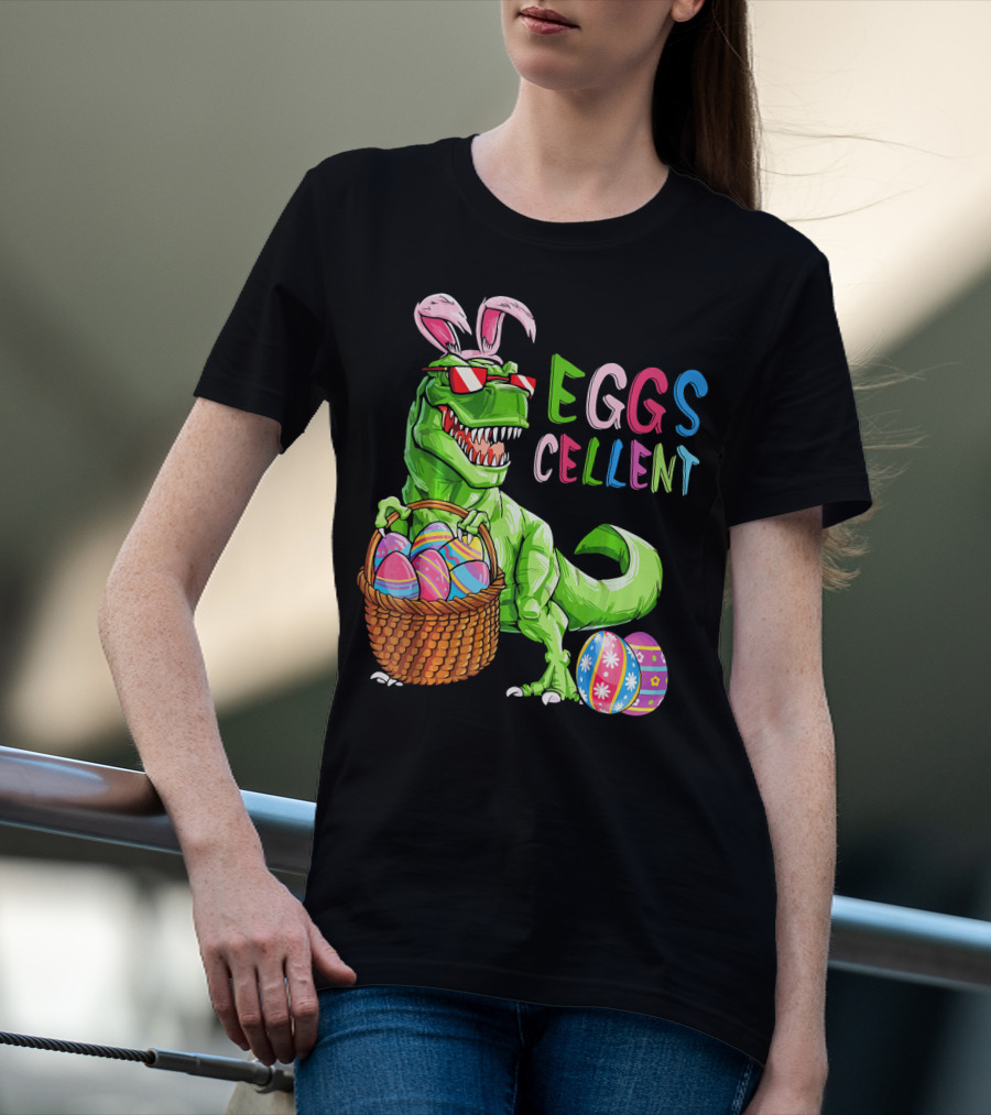 EGGS-cellent Green Dinosaur With Bunny Ears And Easter Eggs T-Shirt