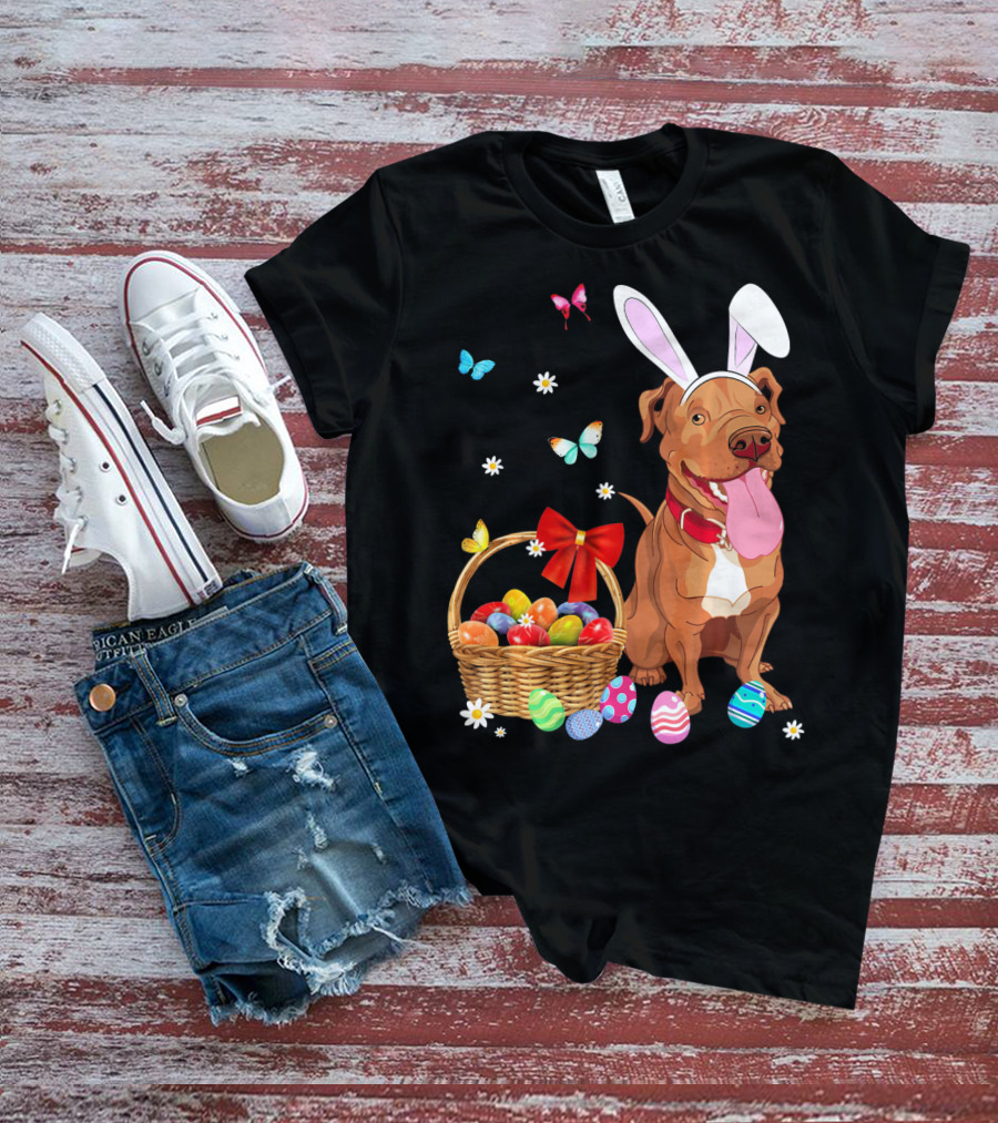Pitbull With Bunny Ears And Easter Eggs Basket With Butterflies And Flowers T-Shirt