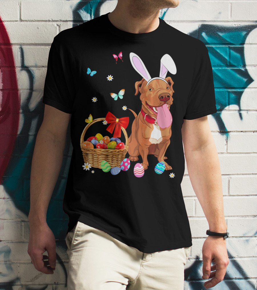Pitbull With Bunny Ears And Easter Eggs Basket With Butterflies And Flowers T-Shirt