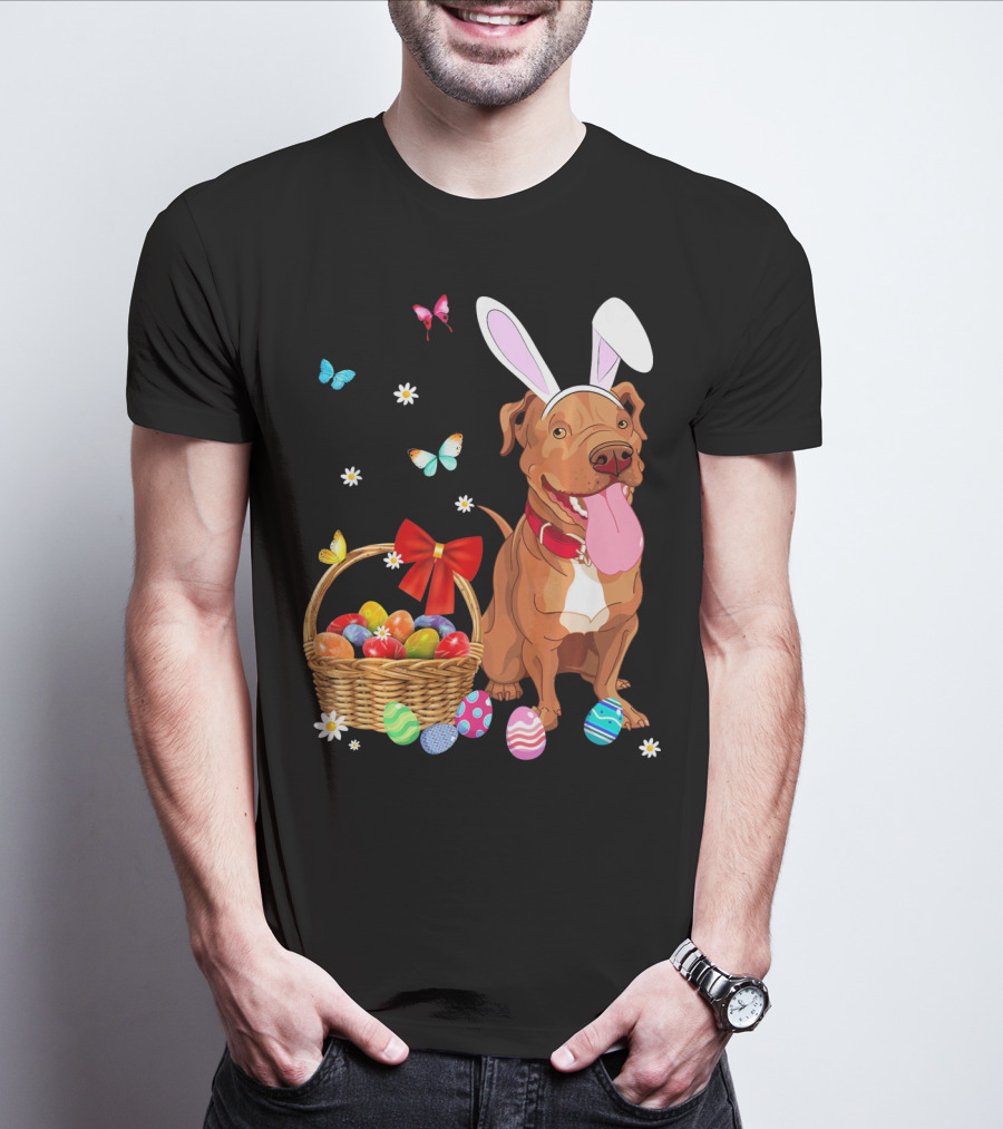 Pitbull With Bunny Ears And Easter Eggs Basket With Butterflies And Flowers T-Shirt