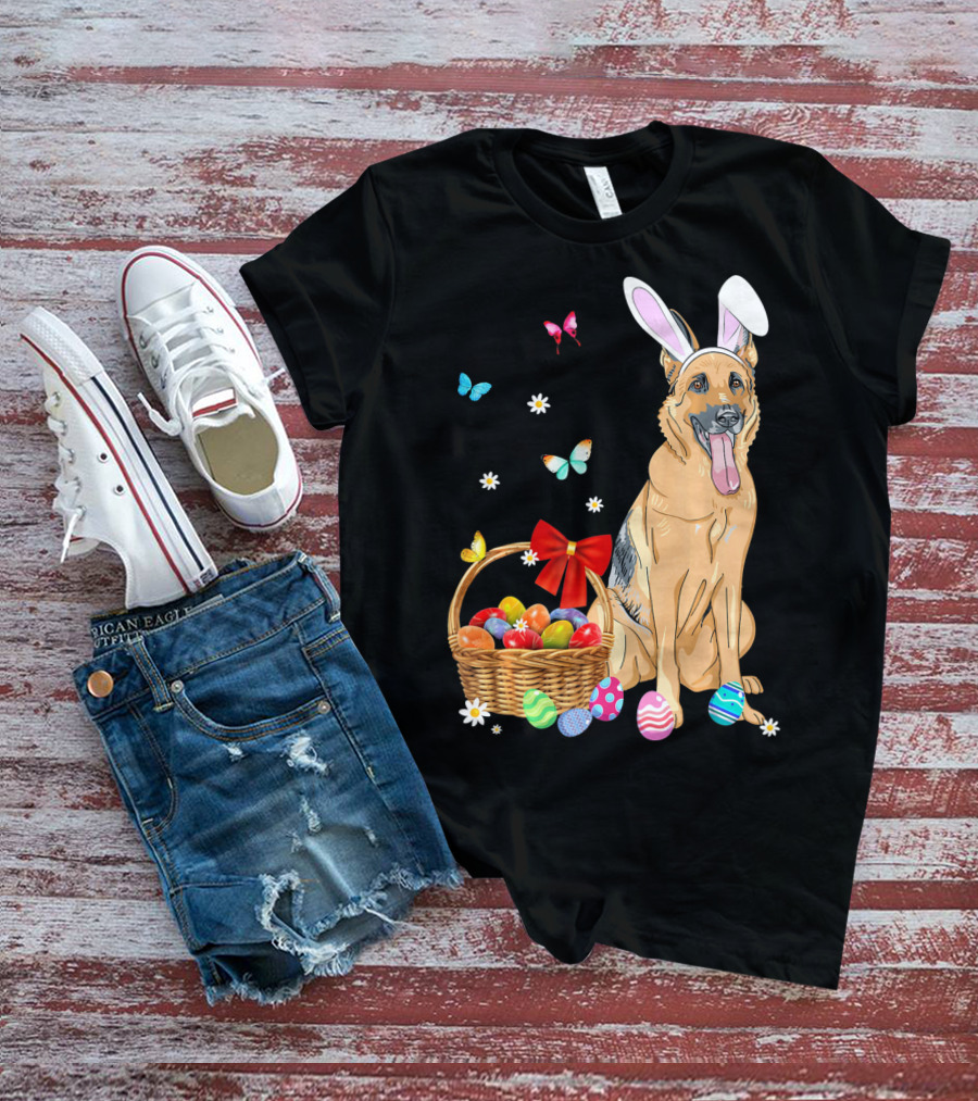 German Shepherd Bunny Ears Rabbit Easter Eggs Basket Butterflies T-Shirt