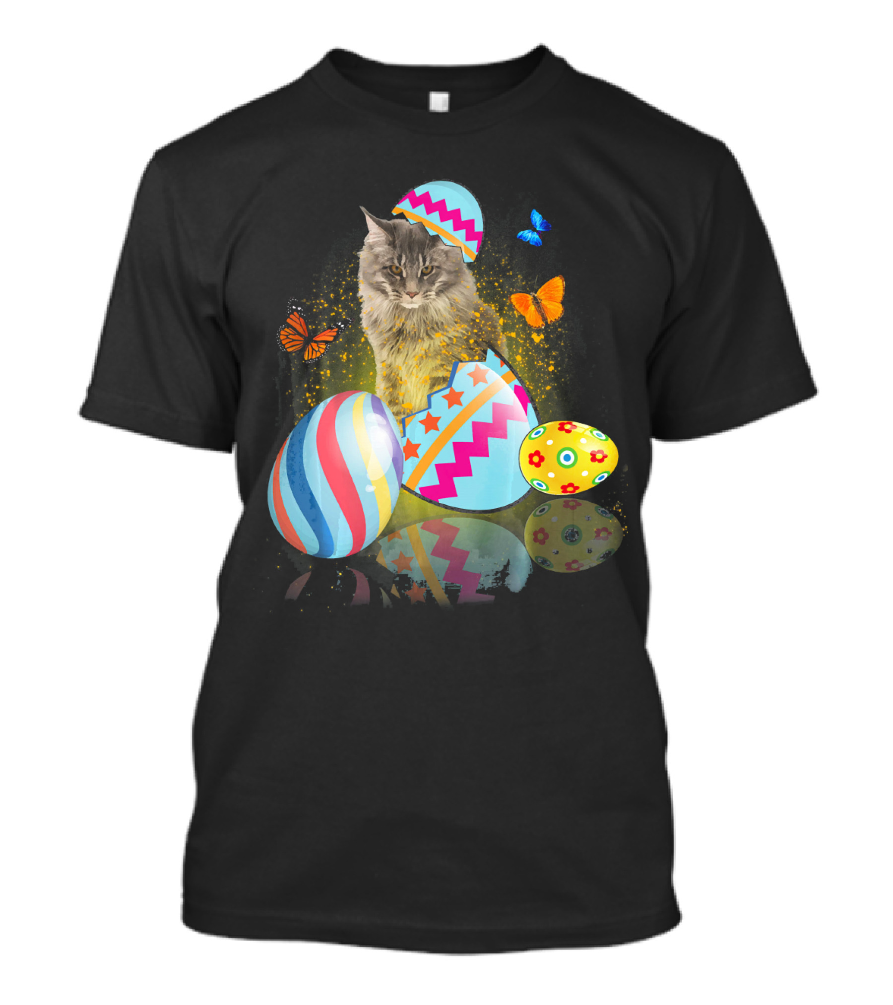 Funny Cat With Colorful Easter Eggs And Butterflies For Cat Lovers T-Shirt