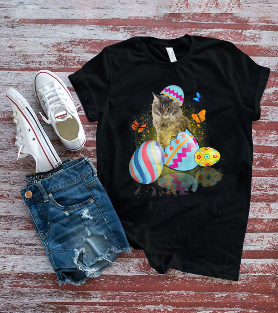 Funny Cat With Colorful Easter Eggs And Butterflies For Cat Lovers T-Shirt