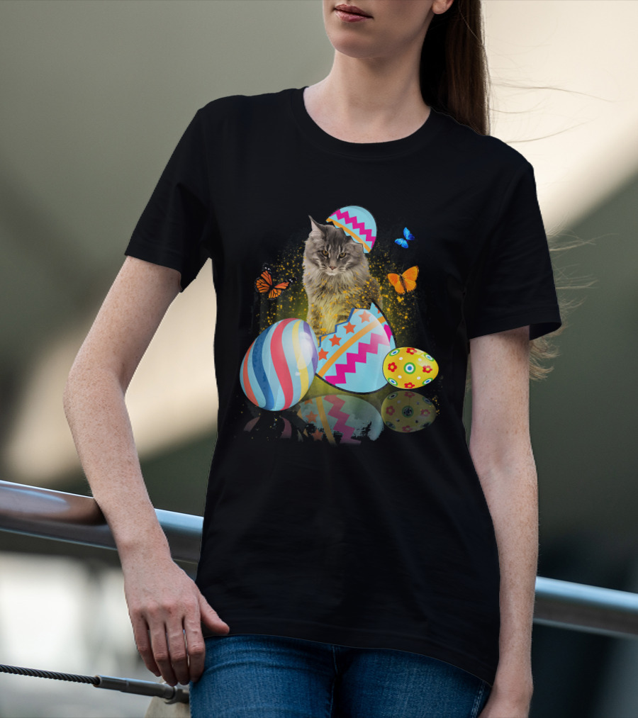 Funny Cat With Colorful Easter Eggs And Butterflies For Cat Lovers T-Shirt