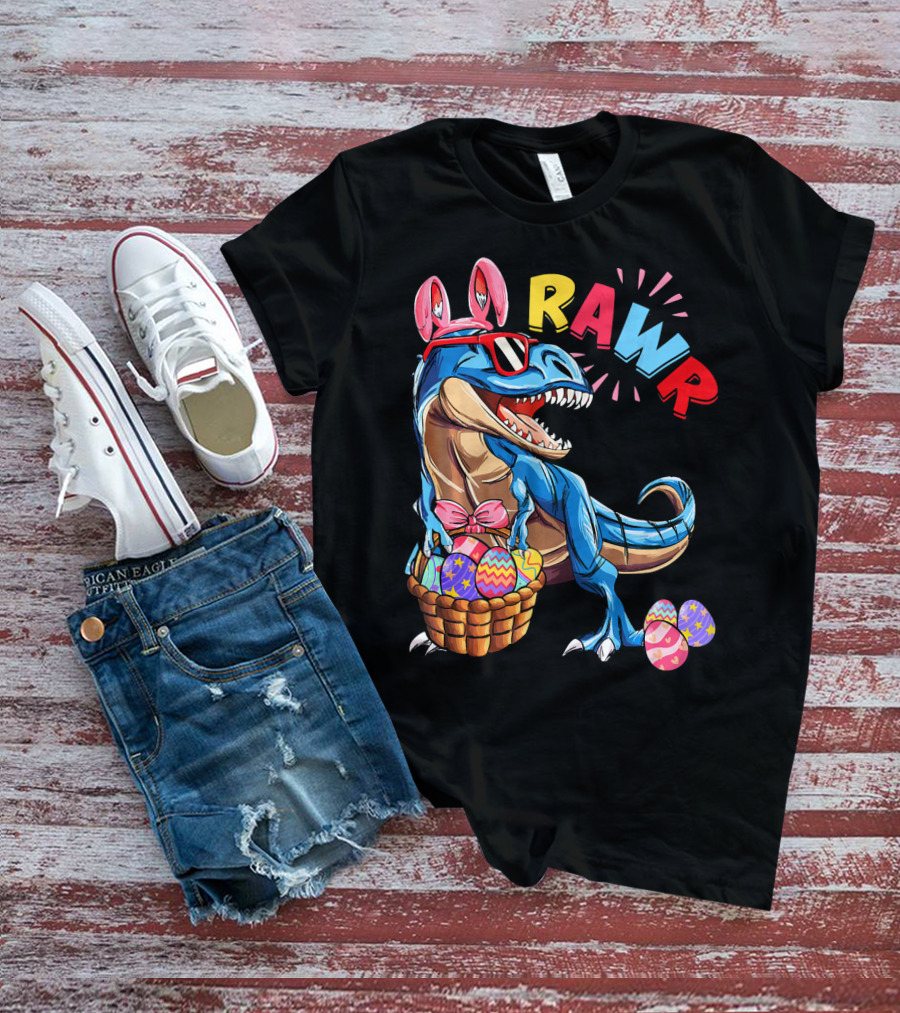 Dinosaur Easter Bunny Rex Rawr With Eggs And Basket T-Shirt