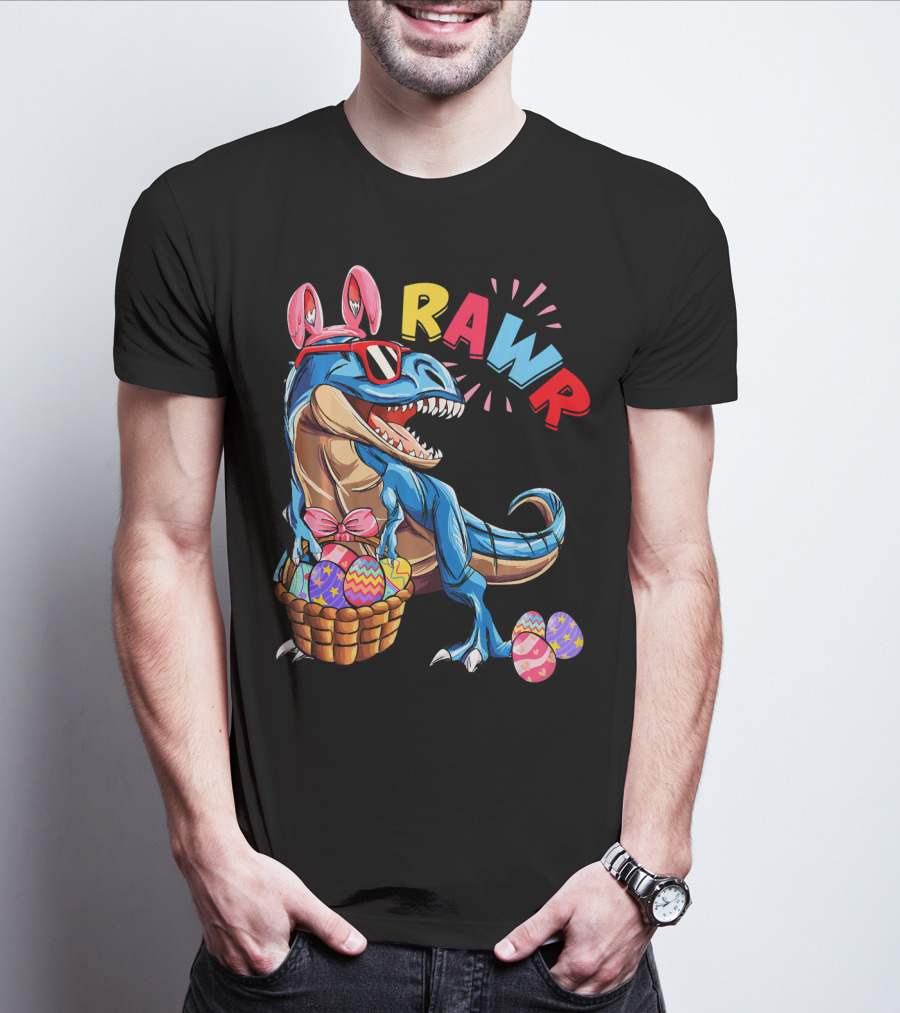 Dinosaur Easter Bunny Rex Rawr With Eggs And Basket T-Shirt