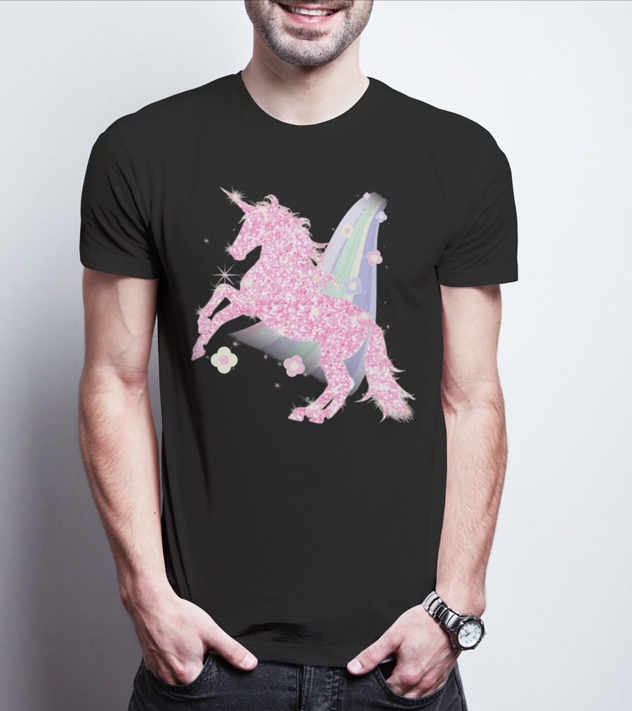 Pink Sparkle Unicorn With Easter Flowers And Rainbow Mane T-Shirt