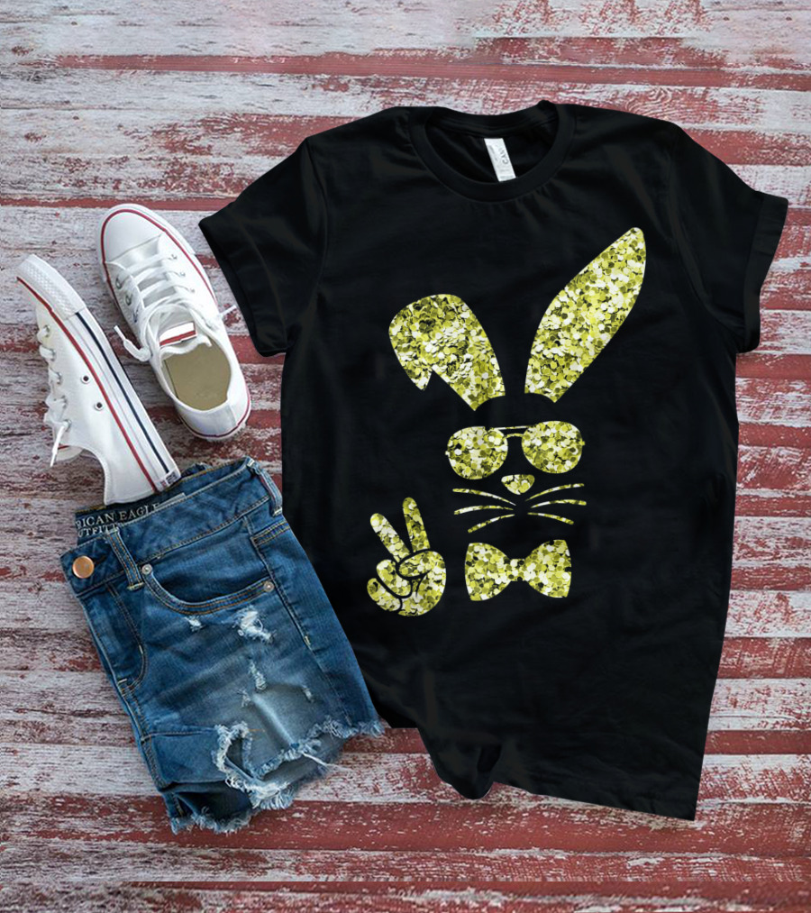 Easter Bunny Girls Cute Gold Glitter Bunny With Sunglasses And Bow Tie T-Shirt