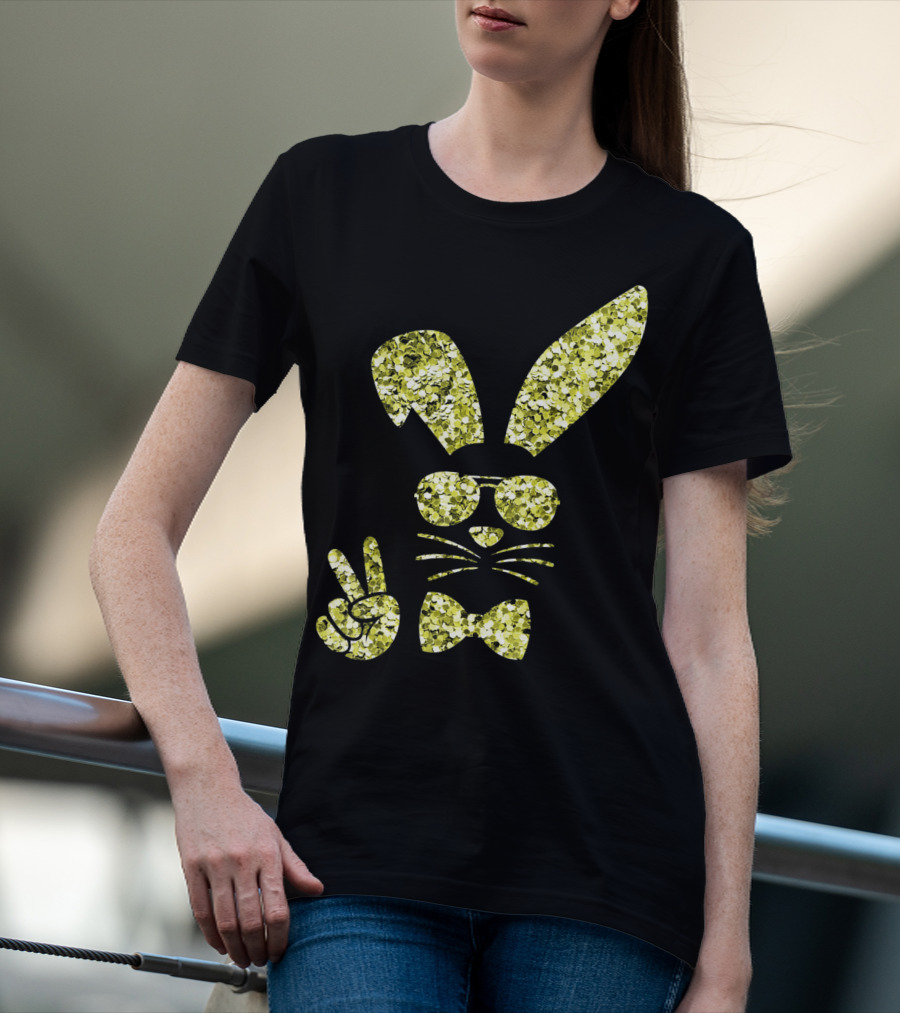 Easter Bunny Girls Cute Gold Glitter Bunny With Sunglasses And Bow Tie T-Shirt