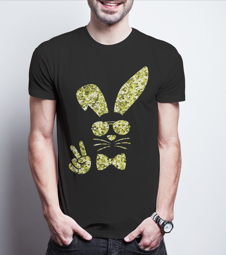 Easter Bunny Girls Cute Gold Glitter Bunny With Sunglasses And Bow Tie T-Shirt