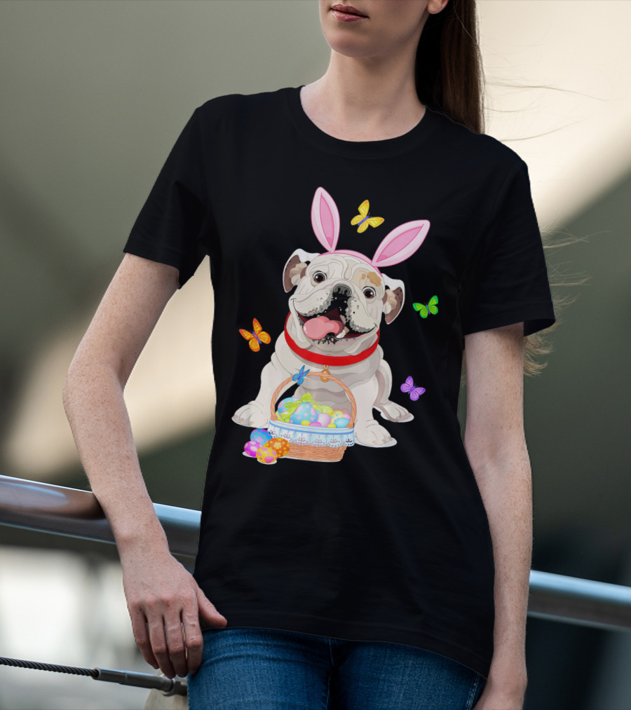 English Bulldog With Bunny Ears And Easter Egg Basket With Butterflies T-Shirt