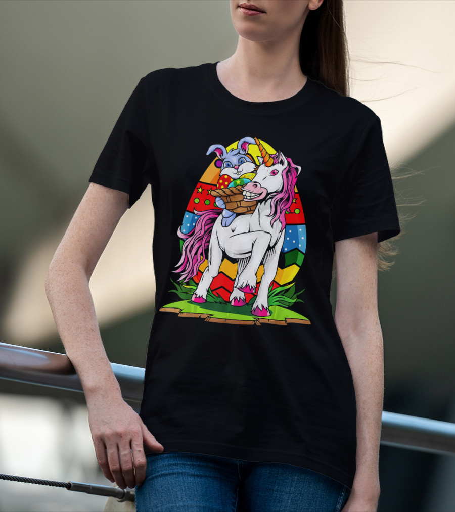 Funny Colorful Easter Bunny Riding Unicorn With Eggs T-Shirt