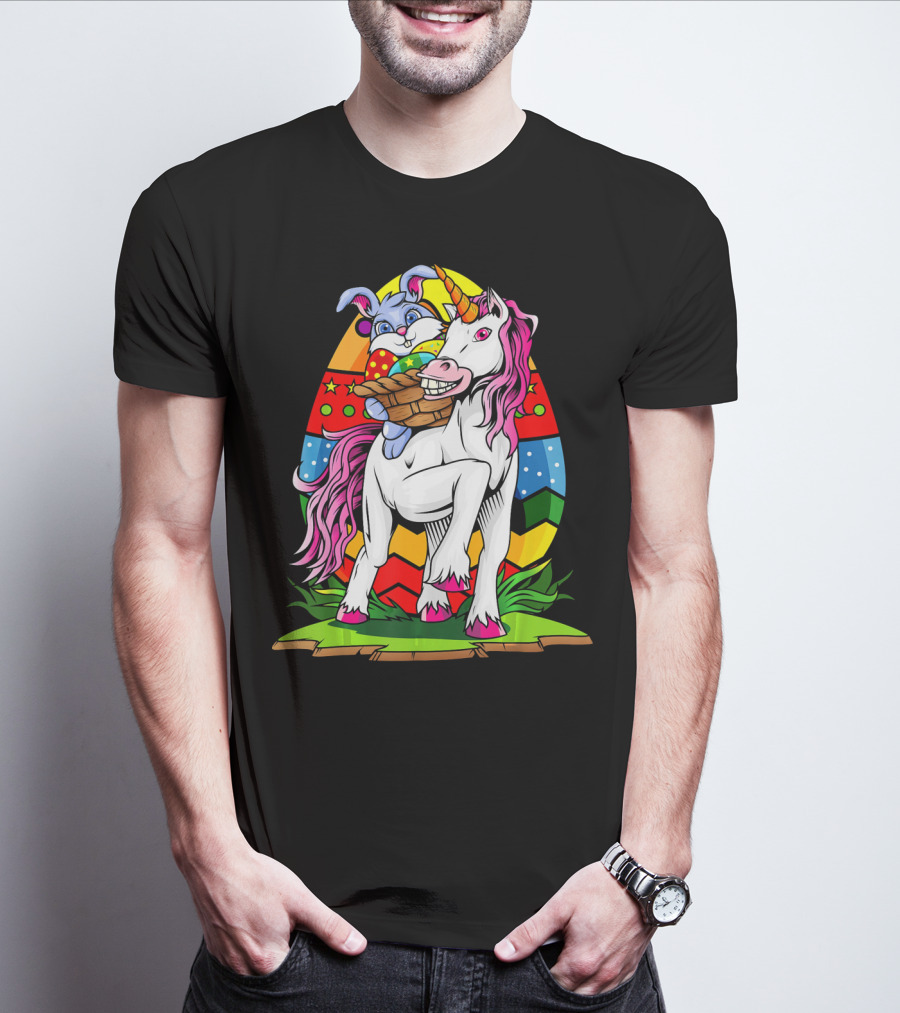 Funny Colorful Easter Bunny Riding Unicorn With Eggs T-Shirt