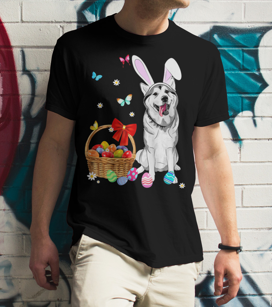 Siberian Husky Bunny Ears Easter Basket Eggs Butterflies T-Shirt
